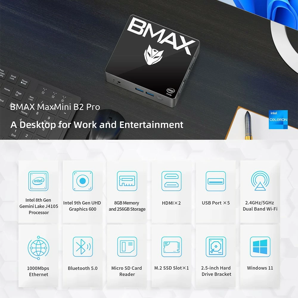 BMAX B2 Pro Mini PC Intel Gemini Lake J4105 CPU, 8GB RAM 256GB SSD Windows 11, 5G WiFi, Bluetooth 5.0 Space Grey - US 8 BMAX B2 Pro Mini PC Intel Gemini Lake J4105 CPU, 8GB RAM 256GB SSD Windows 11, 5G WiFi, Bluetooth 5.0 Space Grey - US - Image 6