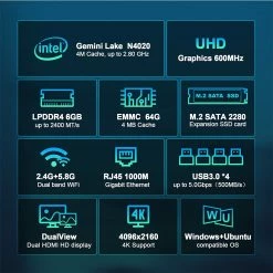 GXMO N42 Mini PC Windows 11, Intel Celeron N4020C Intel UHD Graphics, 6GB DDR4 64GB SSD, 2.4G & 5.8G WiFi, 1000 Mbps LAN - EU -IMOU Sales GXMO N42 Mini PC Windows 11 EU 519552 2