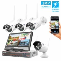 Hiseeu 4Pcs 8CH 3MP 1536P Wireless Security Cameras Kit Outdoor Waterproof CCTV System Set With 10.1inch Monitor NVR