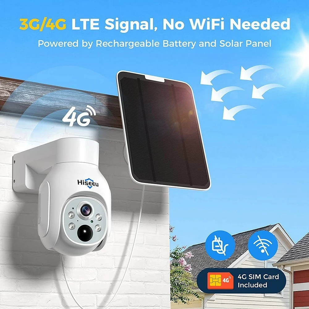 Hiseeu TDA73E WiFi Free 4G LTE Security Camera, 3MP Solar Powered Wireless Camera, 360 Degree Viewing, IP66 Waterproof, PIR Motion Sensor, Color Night Vision, 2-Way Talk, With SIM Card 4 Hiseeu TDA73E WiFi Free 4G LTE Security Camera, 3MP Solar Powered Wireless Camera, 360 Degree Viewing, IP66 Waterproof, PIR Motion Sensor, Color Night Vision, 2-Way Talk, With SIM Card - Image 2