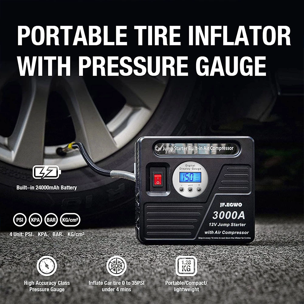 JF.EGWO 3000Amp Car Jump Starter With Air Compressor, 24000mAh 12V Auto Battery Booster, 150PSI Tire Inflator - JP Plug 6 JF.EGWO 3000Amp Car Jump Starter With Air Compressor, 24000mAh 12V Auto Battery Booster, 150PSI Tire Inflator - JP Plug - Image 4
