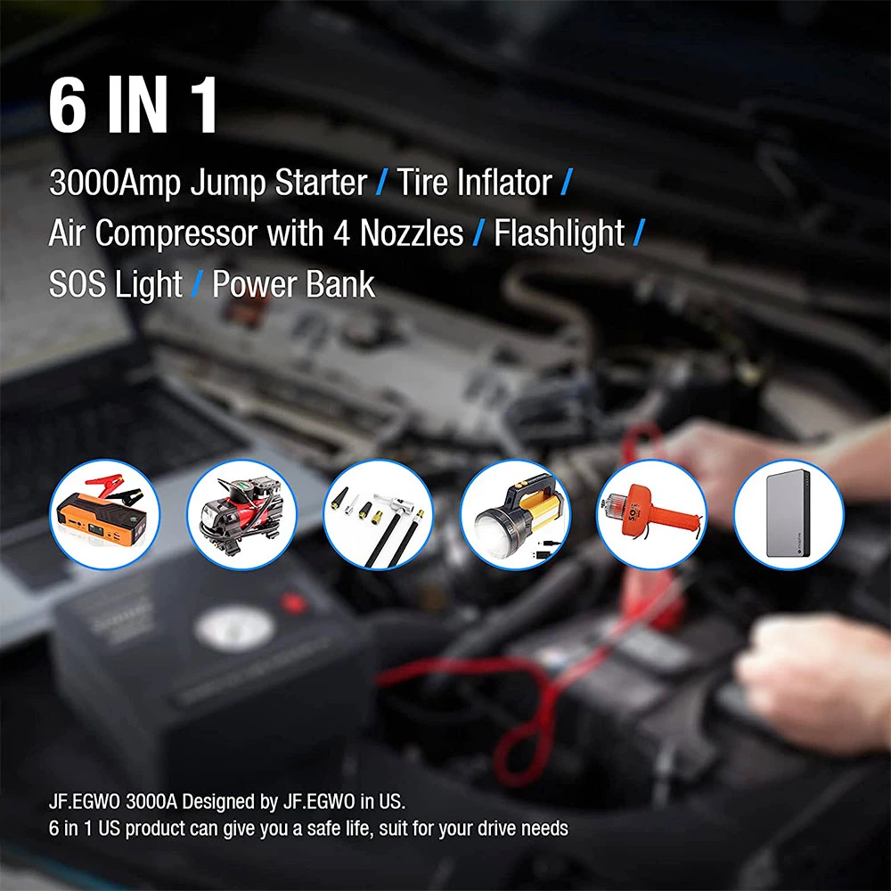 JF.EGWO 3000Amp Car Jump Starter With Air Compressor, 24000mAh 12V Auto Battery Booster, 150PSI Tire Inflator - JP Plug 8 JF.EGWO 3000Amp Car Jump Starter With Air Compressor, 24000mAh 12V Auto Battery Booster, 150PSI Tire Inflator - JP Plug - Image 6