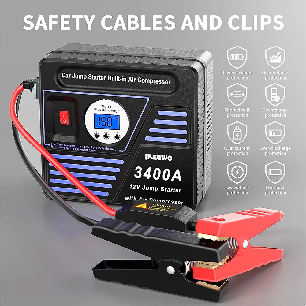 JF.EGWO 3400Amp Car Jump Starter With Air Compressor, 24000mAh 12V Auto Battery Booster, 150PSI Tire Inflator - JP Plug 4 JF.EGWO 3400Amp Car Jump Starter With Air Compressor, 24000mAh 12V Auto Battery Booster, 150PSI Tire Inflator - JP Plug - Image 2