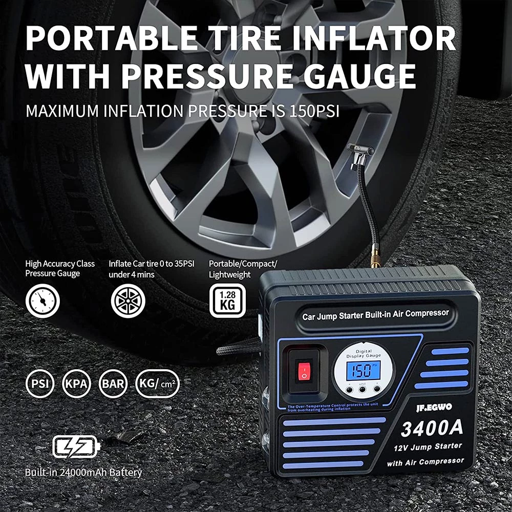 JF.EGWO 3400Amp Car Jump Starter With Air Compressor, 24000mAh 12V Auto Battery Booster, 150PSI Tire Inflator - JP Plug 7 JF.EGWO 3400Amp Car Jump Starter With Air Compressor, 24000mAh 12V Auto Battery Booster, 150PSI Tire Inflator - JP Plug - Image 5