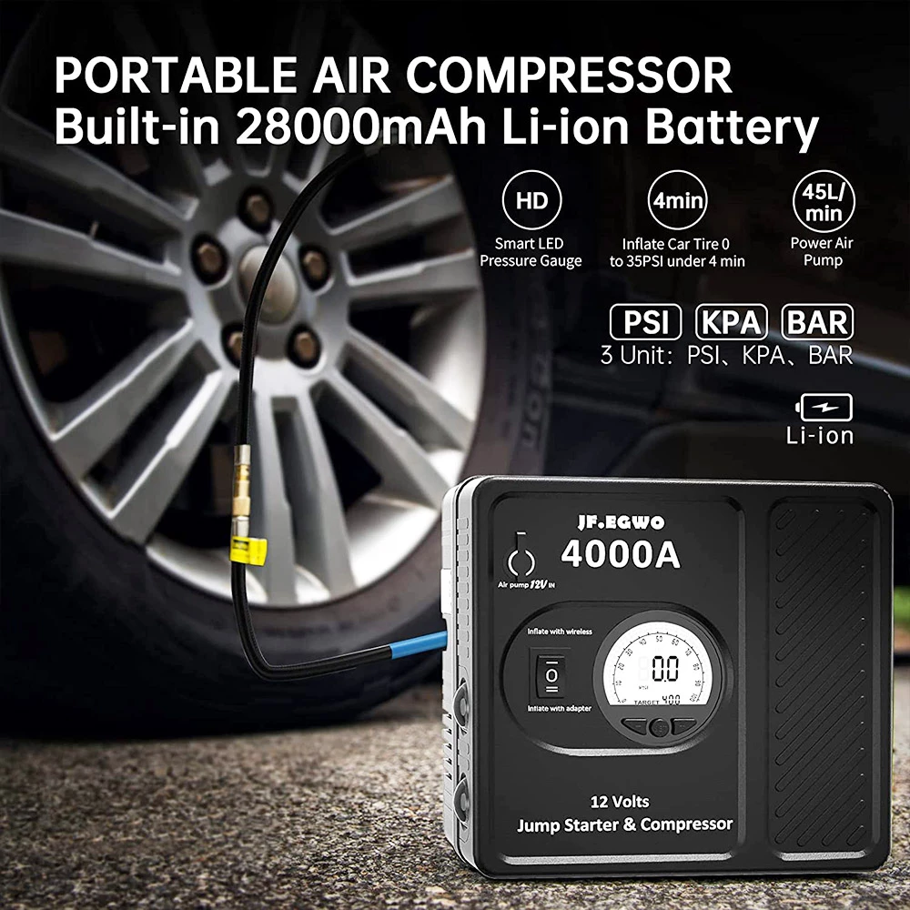 JF.EGWO 4000Amp Car Jump Starter With Air Compressor, 12V Safe Lithium Auto Battery Booster, 150 PSI Air Pump - EU Plug 5 JF.EGWO 4000Amp Car Jump Starter With Air Compressor, 12V Safe Lithium Auto Battery Booster, 150 PSI Air Pump - EU Plug - Image 3