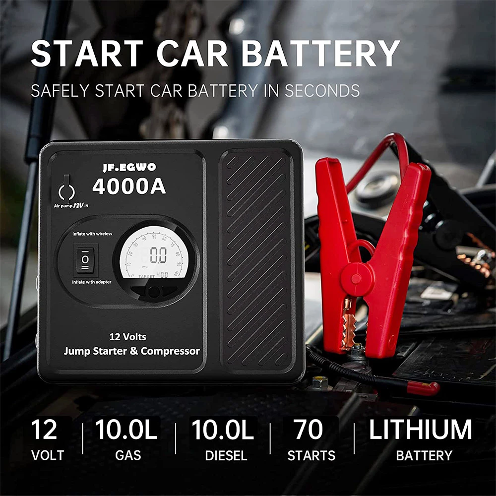 JF.EGWO 4000Amp Car Jump Starter With Air Compressor, 12V Safe Lithium Auto Battery Booster, 150 PSI Air Pump - UK Plug 4 JF.EGWO 4000Amp Car Jump Starter With Air Compressor, 12V Safe Lithium Auto Battery Booster, 150 PSI Air Pump - UK Plug - Image 2
