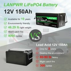 LANPWR LiFePO4 Battery Pack 12V 150Ah 1920Wh Lithium Battery, Built-in 100A BMS, IP65 Waterproof, For Replacing Most Of Backup Power, Home Energy Storage And Off-Grid -IMOU Sales LANPWR LiFePO4 Battery Pack 12V 150Ah 519512 2
