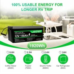 LANPWR LiFePO4 Battery Pack 12V 150Ah 1920Wh Lithium Battery, Built-in 100A BMS, IP65 Waterproof, For Replacing Most Of Backup Power, Home Energy Storage And Off-Grid -IMOU Sales LANPWR LiFePO4 Battery Pack 12V 150Ah 519512 5