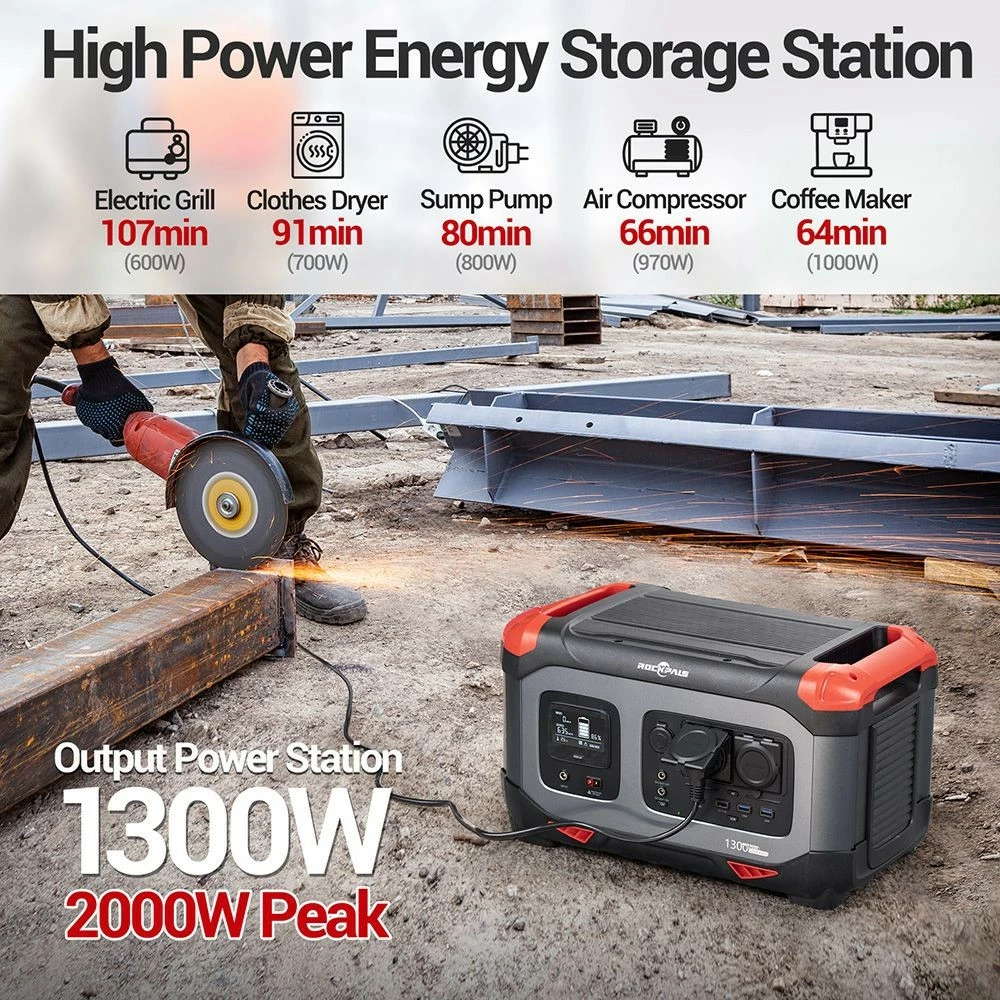 ROCKPALS RP1300 Portable Power Station, 1254.4Wh LiFePO4 Battery Solar Generator, 1300W AC Outlets, Peak 2000W, 9 Outputs 5 ROCKPALS RP1300 Portable Power Station, 1254.4Wh LiFePO4 Battery Solar Generator, 1300W AC Outlets, Peak 2000W, 9 Outputs - Image 3