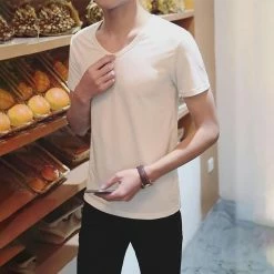 Men's Basic V-neck Short Sleeve T-shirt (Personality Tee Cultivating Size L) - White -IMOU Sales men s basic v neck short sleeve t shirt size l white 1571984616878